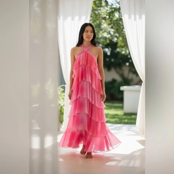 Vero Moda Pink Ombré Tiered Chiffon Maxi Dress Halter Open Back - Picture 1 of 4